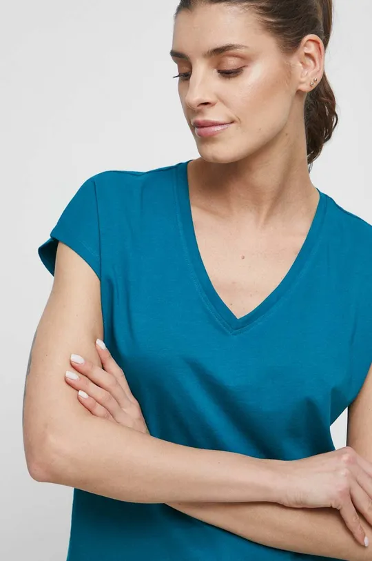 turkusowy T-shirt bawełniany damski gładki kolor turkusowy