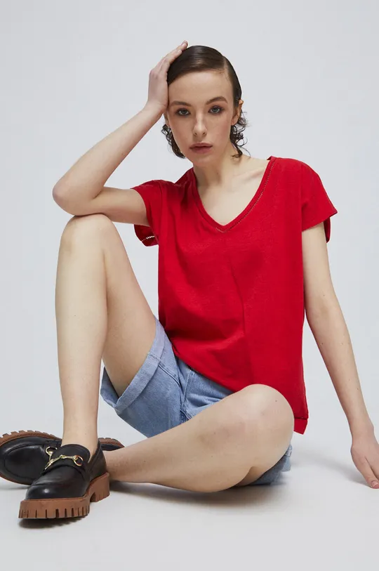 czerwony T-shirt bawełniany damski gładki kolor czerwony Damski