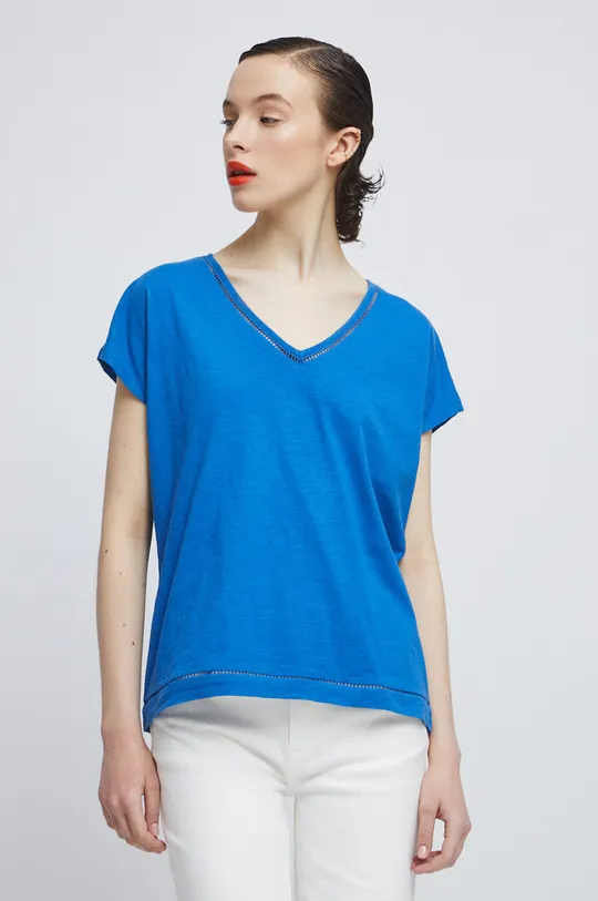 niebieski T-shirt bawełniany damski gładki kolor niebieski Damski