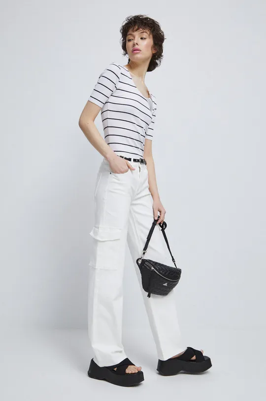 T-shirt bawełniany damski prążkowany z domieszką elastanu kolor biały Damski
