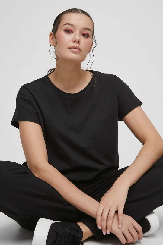 czarny T-shirt bawełniany damski gładki kolor czarny Damski