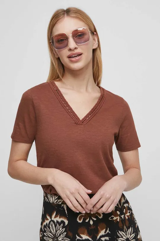 brązowy T-shirt bawełniany damski gładki kolor brązowy Damski