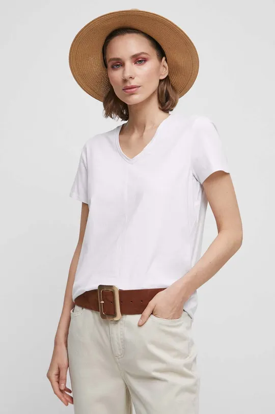 biały T-shirt bawełniany damski gładki z domieszką elastanu kolor biały Damski