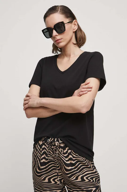T-shirt bawełniany damski gładki z domieszką elastanu  kolor czarny czarny
