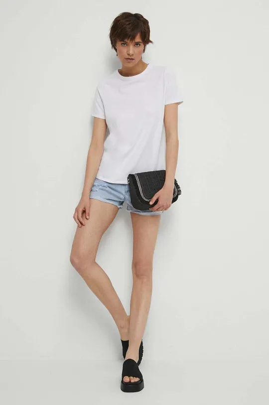 T-shirt bawełniany damski gładki z domieszką elastanu kolor biały biały