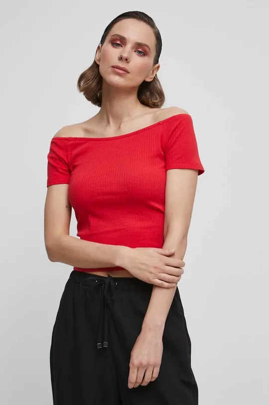 czerwony T-shirt bawełniany damskie prążkowany z domieszką elastanu kolor czerwony Damski