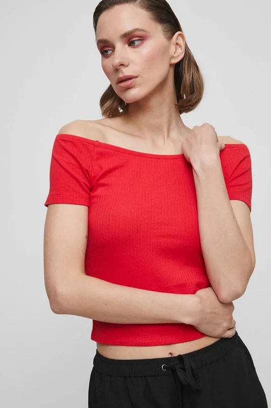 czerwony T-shirt bawełniany damskie prążkowany z domieszką elastanu kolor czerwony