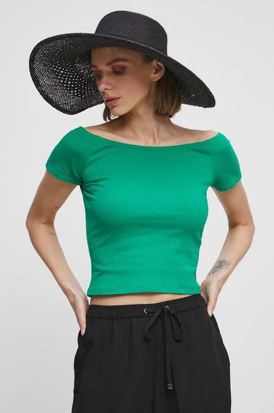 zielony T-shirt bawełniany damskie prążkowany z domieszką elastanu kolor zielony