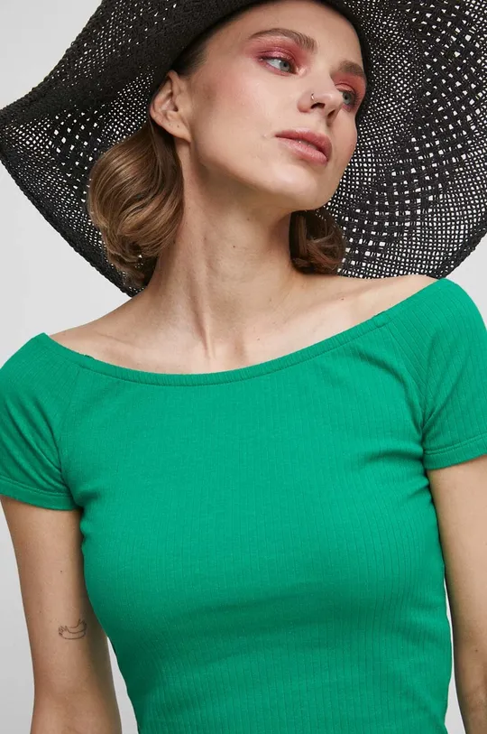 T-shirt bawełniany damskie prążkowany z domieszką elastanu kolor zielony Damski