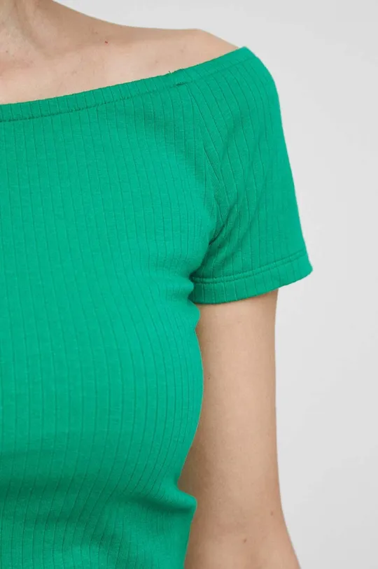 T-shirt bawełniany damskie prążkowany z domieszką elastanu kolor zielony