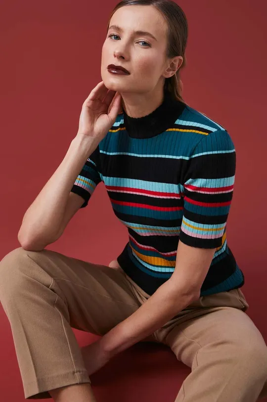 multicolor T-shirt damski prążkowany kolor multicolor Damski