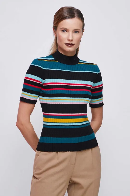 multicolor T-shirt damski prążkowany kolor multicolor