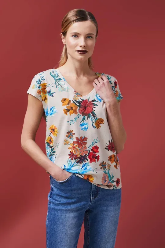 beżowy T-shirt bawełniany damski wzorzysty z domieszką elastanu kolor beżowy Damski