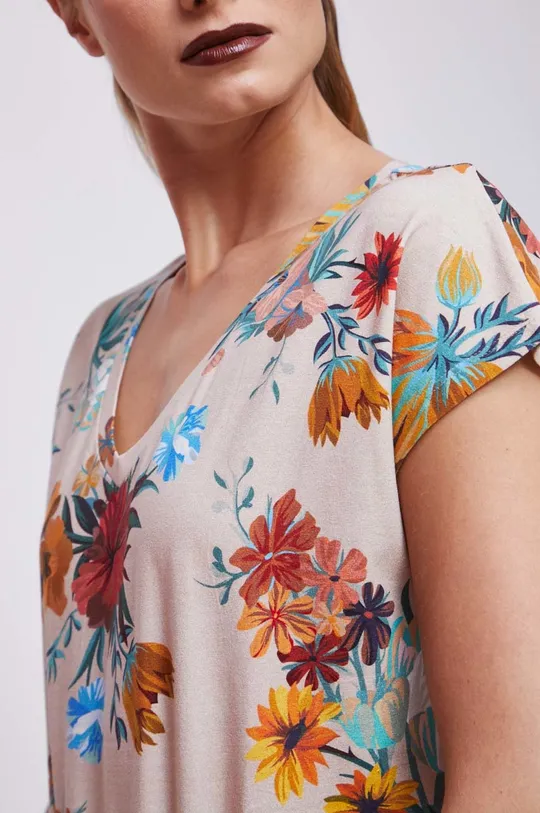 T-shirt bawełniany damski wzorzysty z domieszką elastanu kolor beżowy Damski