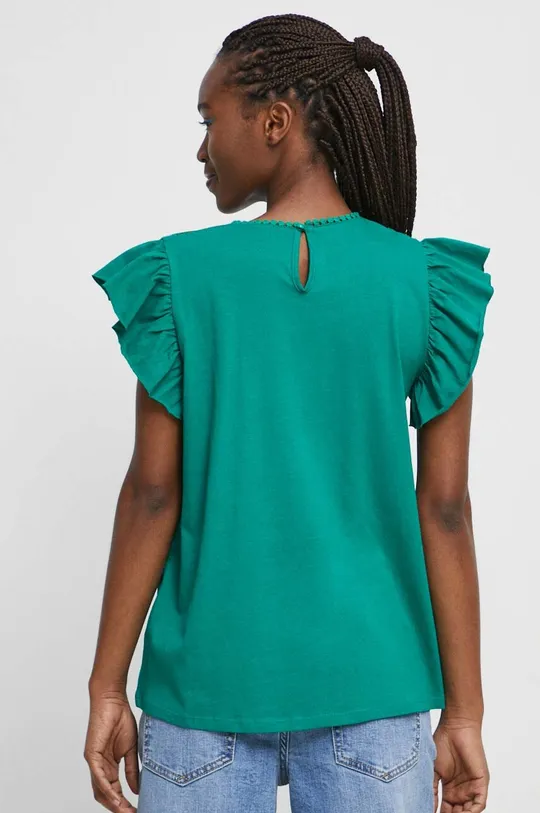 T-shirt bawełniany damski z koronkową wstawką kolor zielony 100 % Bawełna