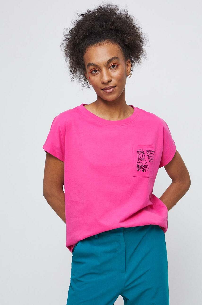 ostry różowy T-shirt bawełniany damski by Michalina Tańska kolor różowy Damski