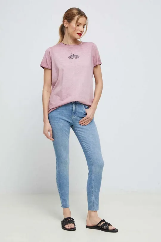 T-shirt bawełniany damski z nadrukiem kolor różowy różowy