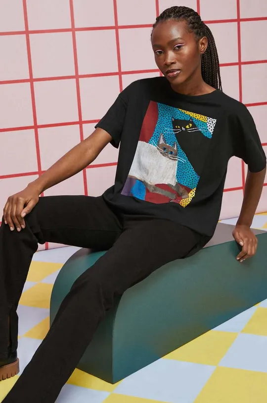 czarny T-shirt bawełniany damski by Basia Flores, Grafika Polska, kolor czarny