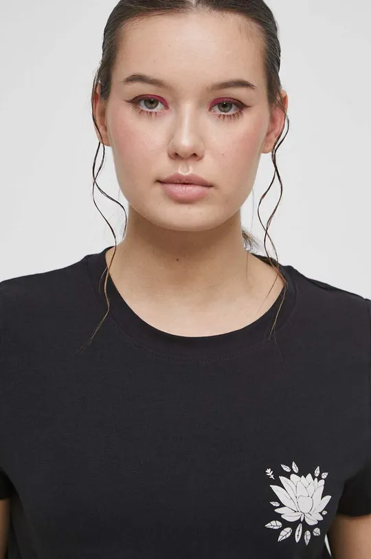 T-shirt bawełniany damski z nadrukiem z domieszką elastanu kolor czarny Damski