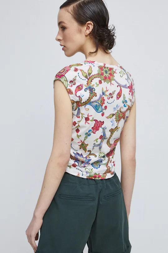 T-shirt bawełniany damski wzorzysty z domieszką elastanu kolor beżowy 95 % Bawełna, 5 % Elastan