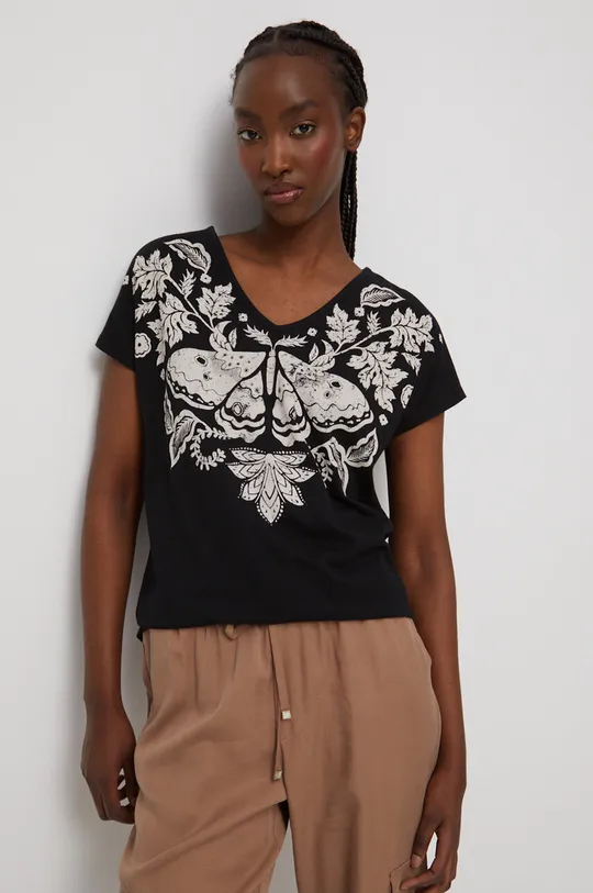 czarny T-shirt bawełniany damski z nadrukiem kolor czarny