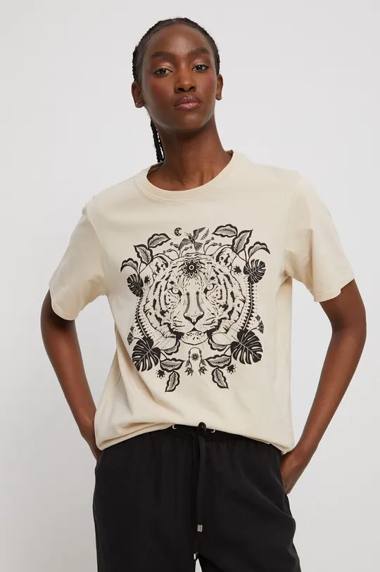 beżowy T-shirt bawełniany damski z nadrukiem kolor beżowy Damski