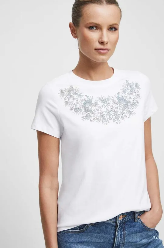 biały T-shirt bawełniany damski z nadrukiem z domieszką elastanu kolor biały Damski