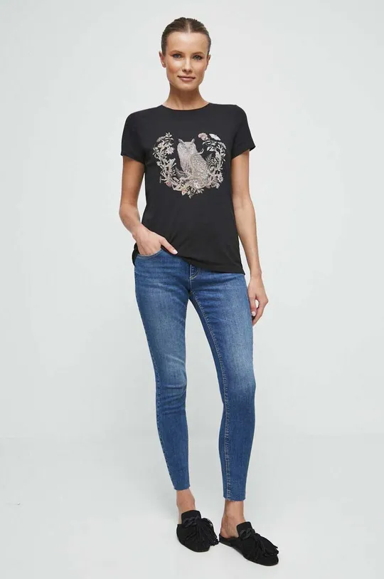 T-shirt bawełniany damski z nadrukiem z domieszką elastanu kolor czarny czarny