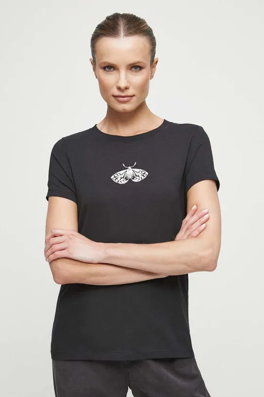 czarny T-shirt bawełniany damski z nadrukiem z domieszką elastanu kolor czarny