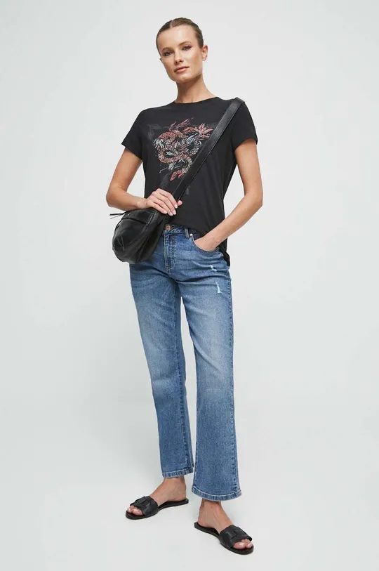 T-shirt bawełniany damski z nadrukiem z domieszką elastanu kolor czarny czarny