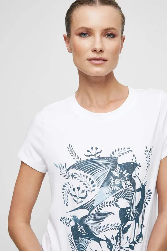 T-shirt bawełniany damski z nadrukiem z domieszką elastanu kolor biały Damski