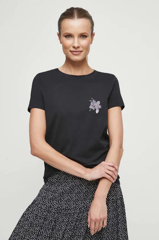 czarny T-shirt bawełniany damski z nadrukiem z domieszką elastanu kolor czarny Damski