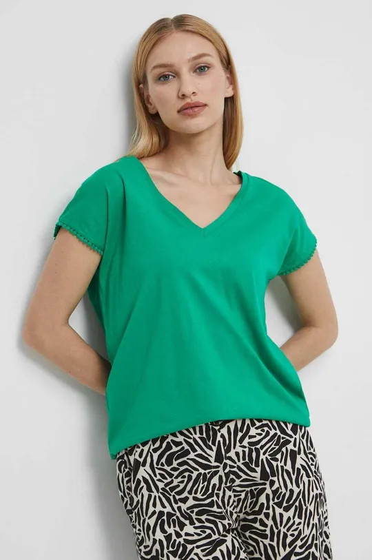 T-shirt bawełniany damski z ozdobną aplikacją z koronki kolor zielony 100 % Bawełna