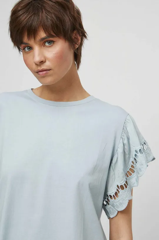T-shirt bawełniany damski gładki z domieszką elastanu kolor niebieski Damski