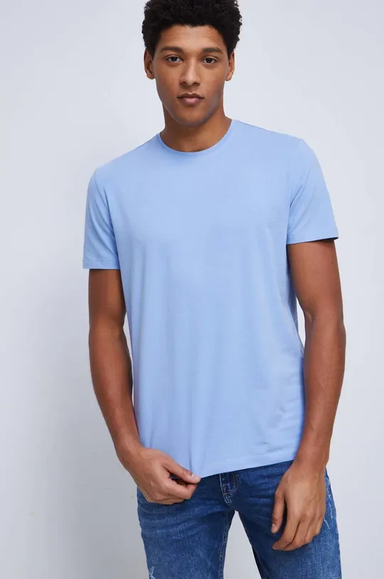 niebieski T-shirt bawełniany męski gładki z domieszką elastanu kolor niebieski Męski