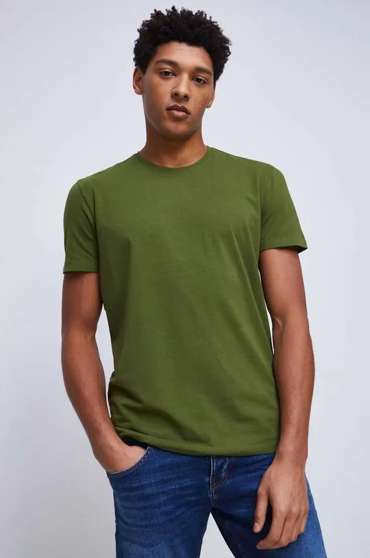 zielony T-shirt bawełniany męski gładki z domieszką elastanu kolor zielony Męski