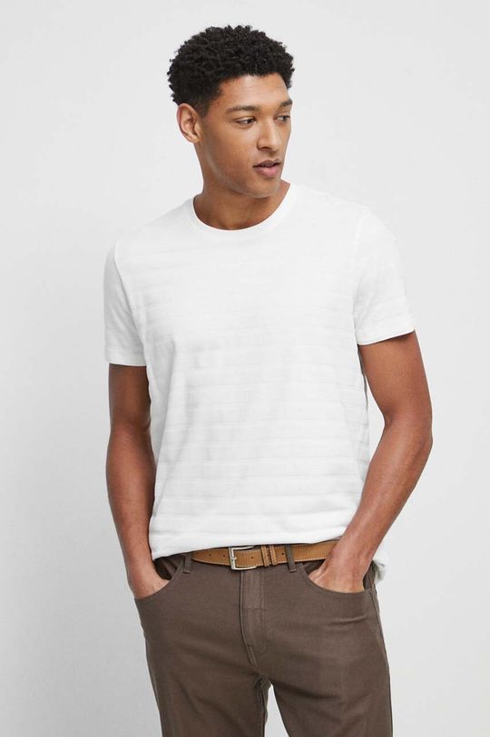kremowy T-shirt bawełniany męski z fakturą kolor beżowy Męski