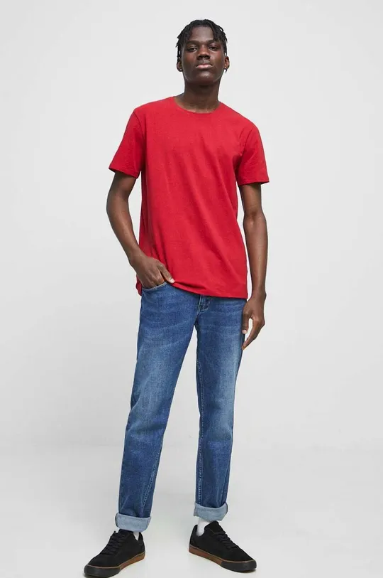 czerwony T-shirt bawełniany męski gładki z domieszką elastanu kolor czerwony Męski