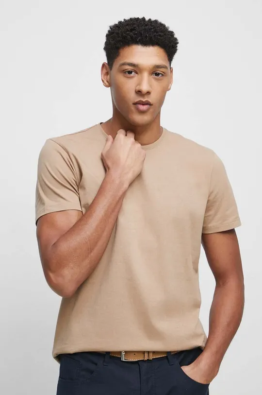beżowy T-shirt bawełniany męski gładki z domieszką elastanu kolor beżowy