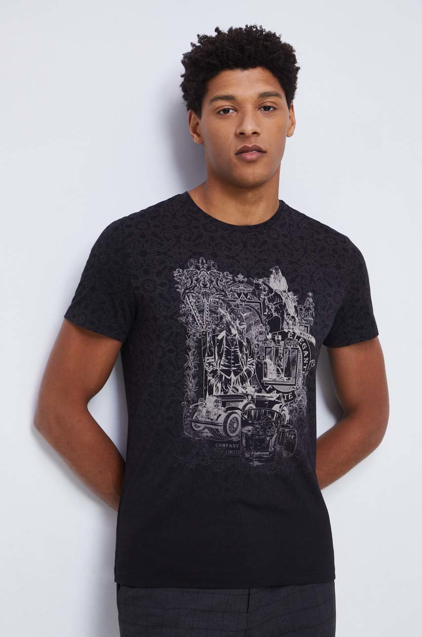 czarny T-shirt bawełniany męski z nadrukiem kolor czarny