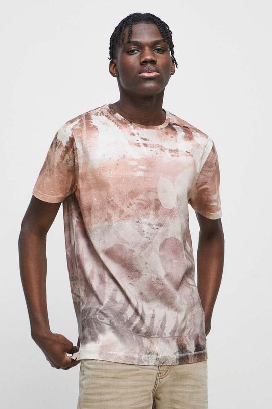 piaskowy T-shirt bawełniany męski wzorzysty kolor beżowy Męski