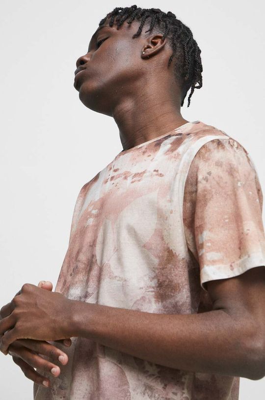 piaskowy T-shirt bawełniany męski wzorzysty kolor beżowy