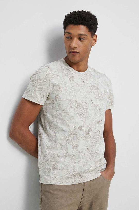 kremowy T-shirt bawełniany męski wzorzysty kolor beżowy