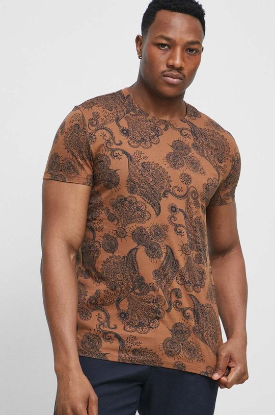 brązowy T-shirt bawełniany męski wzorzysty kolor brązowy Męski