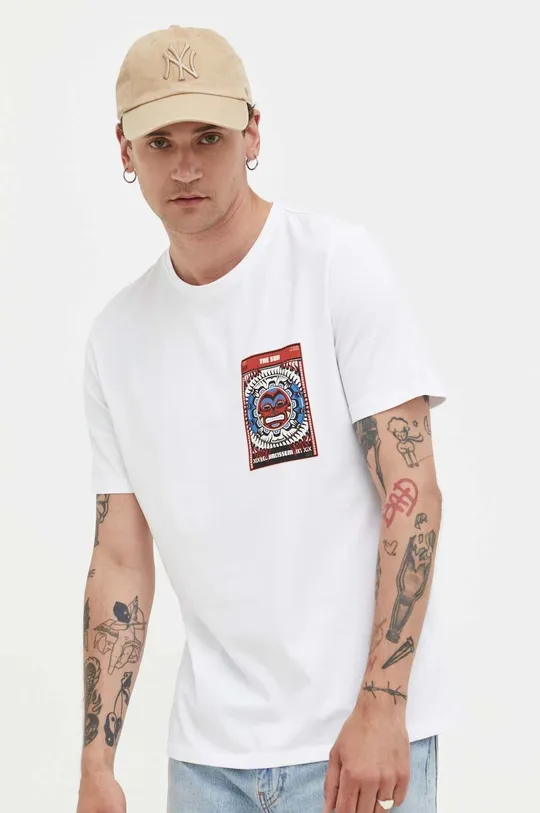 T-shirt bawełniany męski z nadrukiem z domieszką elastanu kolor biały biały