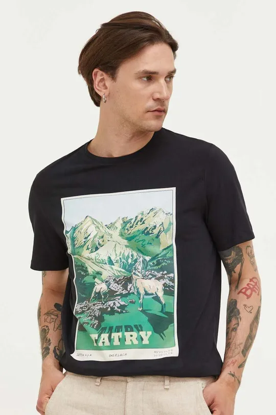 czarny T-shirt bawełniany męski z nadrukiem kolor czarny Męski