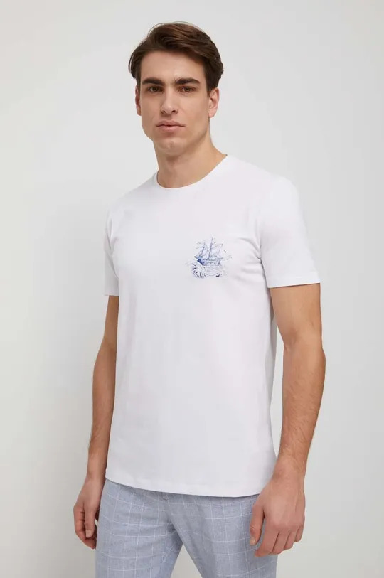 T-shirt bawełniany męski z nadrukiem z domieszką elastanu kolor biały biały