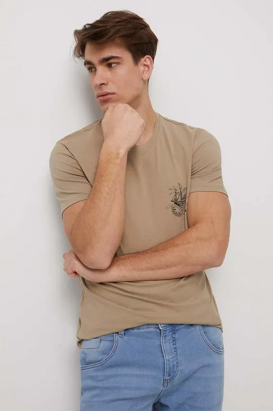T-shirt bawełniany męski z nadrukiem z domieszką elastanu kolor beżowy 95 % Bawełna, 5 % Elastan