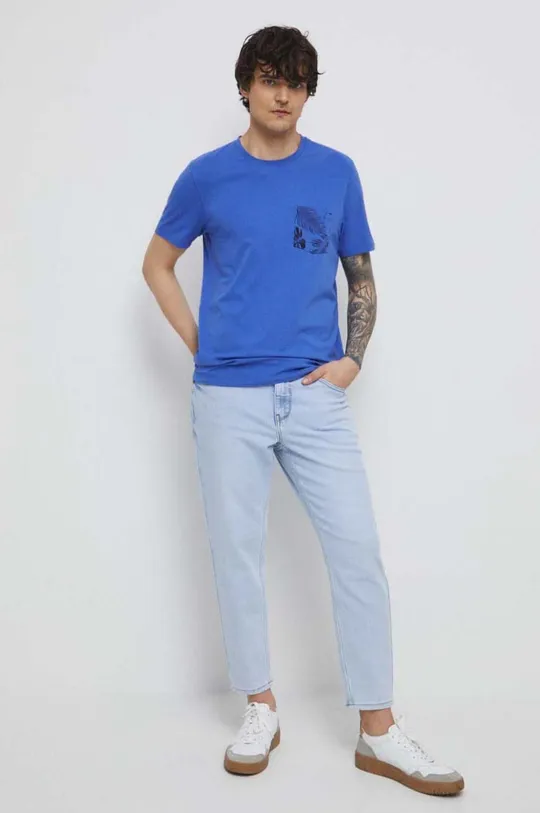 T-shirt bawełniany męski z kieszonką z domieszką elastanu kolor niebieski niebieski
