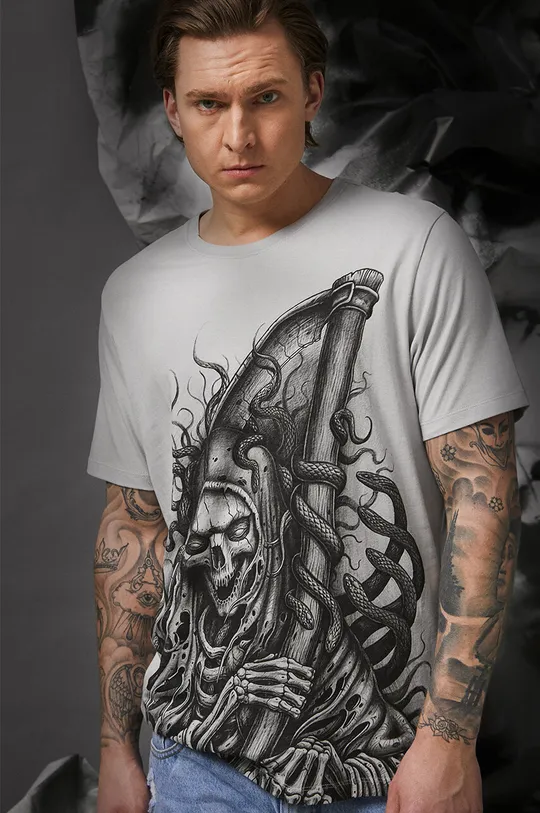 szary T-shirt bawełniany męski Tattoo Art by Maciej Puchała - Piekłowstąpienie, kolor szary Męski